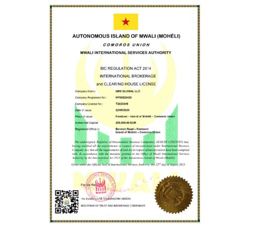 Certificate from the Mwali International Services Authority, Mohéli, Comoros Union, for QRS GLOBAL LLC.