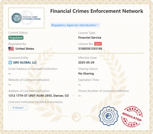 Card showing Financial Crimes Enforcement Network, status Regulated, QRS GLOBAL LLC, Denver address.