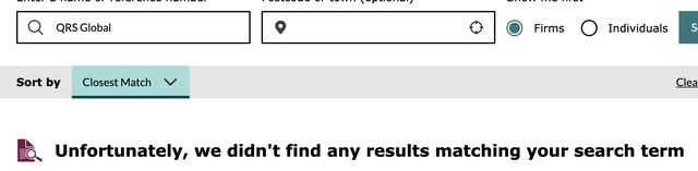 FCA Register search for QRS Global: no results.
