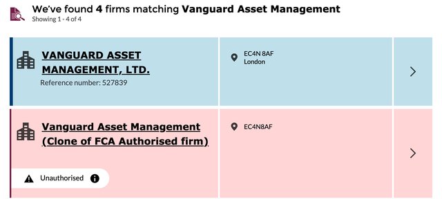 FCA Register search for Vanguard Asset Management: the authorised firm, FRN 527839, and a clone marked Unauthorised.